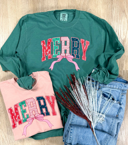 Merry Patterned Bow Short or Long Sleeve Graphic Tees