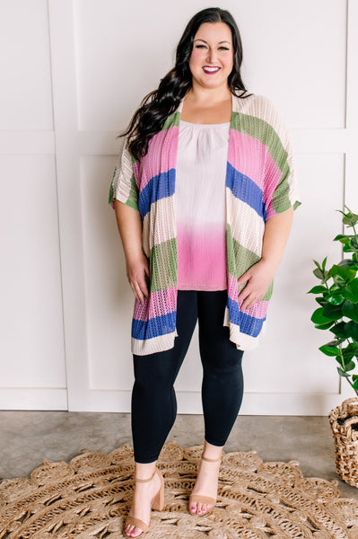 Striped Open Knit Cardigan In Pink, Green, Tan & Blue