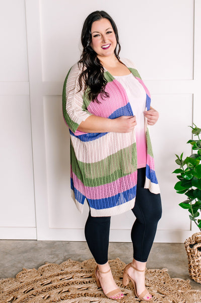 Striped Open Knit Cardigan In Pink, Green, Tan & Blue