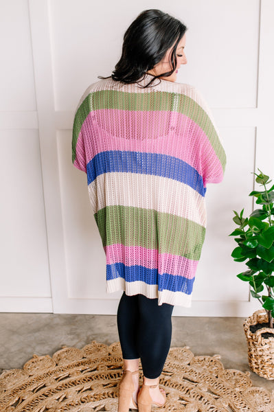 Striped Open Knit Cardigan In Pink, Green, Tan & Blue