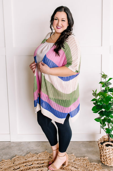 Striped Open Knit Cardigan In Pink, Green, Tan & Blue