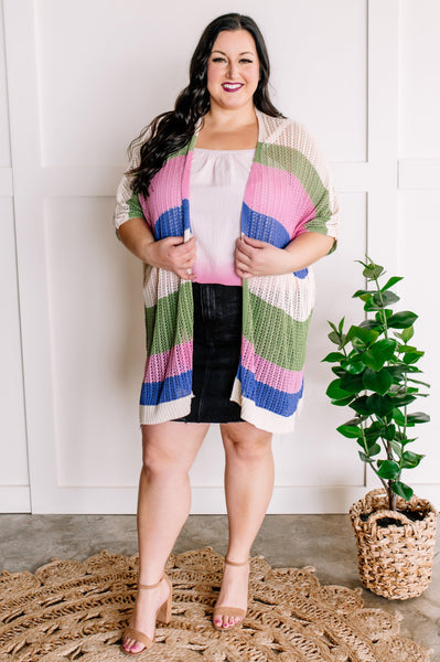 Striped Open Knit Cardigan In Pink, Green, Tan & Blue