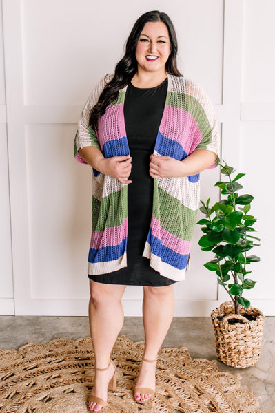 Striped Open Knit Cardigan In Pink, Green, Tan & Blue