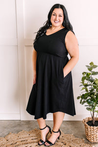 3.15 V Neck Cotton Midi Dress With Pockets In Solid Black