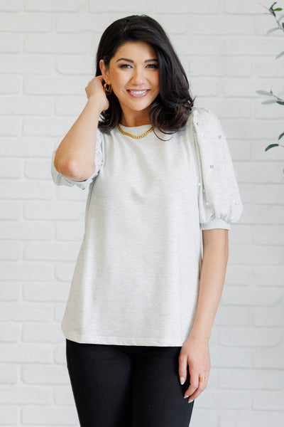 Diamonds and Pearls Puff Sleeve Top in Light Grey - Ruby Rebellion