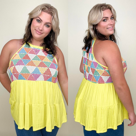 Mellow Yellow Geometric Waffle Knit Babydoll Top