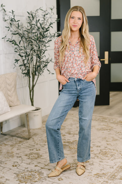 Favorite Florist Split Neck Half Sleeve Top