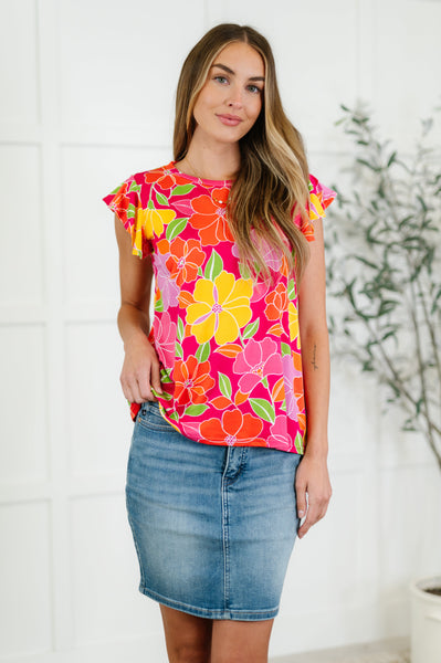 Garden Giggles Flutter Sleeve Top - Ruby Rebellion