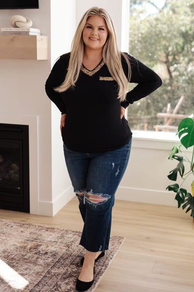 Glitter Lining Long Sleeve V-Neck Top - Ruby Rebellion