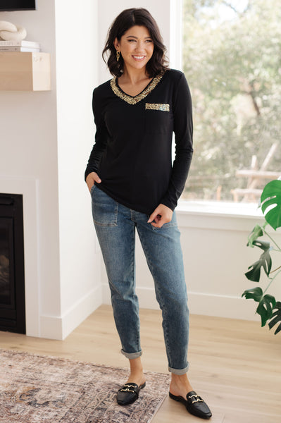 Glitter Lining Long Sleeve V-Neck Top - Ruby Rebellion