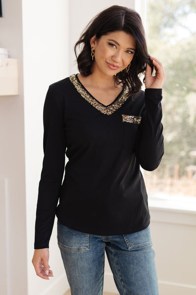 Glitter Lining Long Sleeve V-Neck Top - Ruby Rebellion
