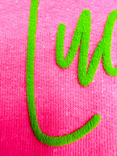 Happy Go Lucky (Lime Puff Ink) Neon Pink Sweatshirt