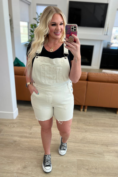 Anna High Rise Garment Dyed Cutoff Shortalls in Ecru - Ruby Rebellion