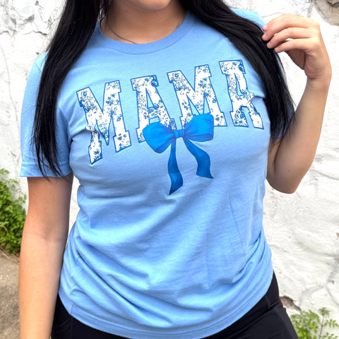 Blue Floral Mama with Bow Graphic Tee (Copy)