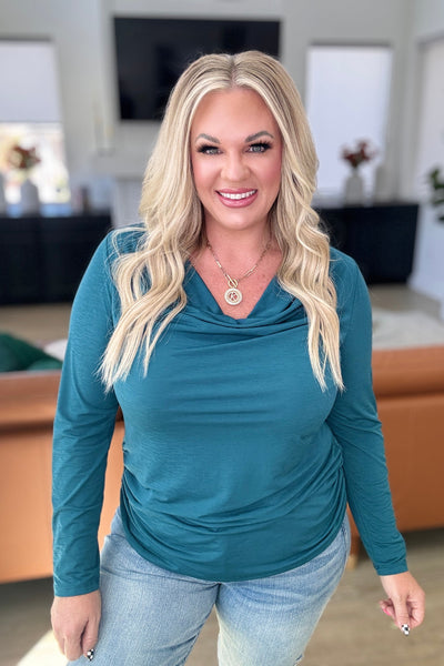 Ruched Cowl Neck Top in Dark Teal - Ruby Rebellion