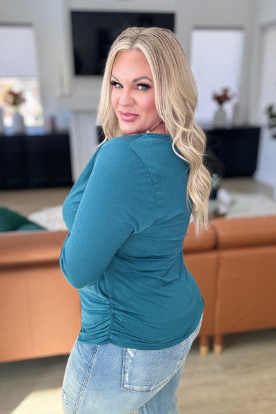 Ruched Cowl Neck Top in Dark Teal - Ruby Rebellion