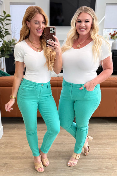 Bridgette High Rise Garment Dyed Slim Jeans in Aquamarine - Ruby Rebellion