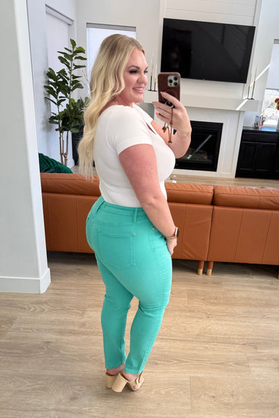 Bridgette High Rise Garment Dyed Slim Jeans in Aquamarine - Ruby Rebellion