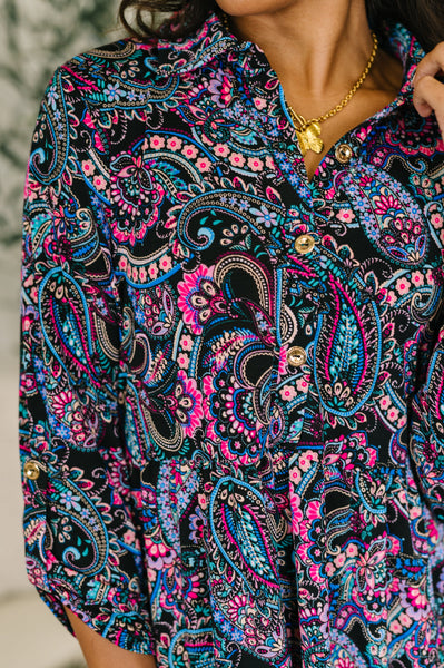 Inspire Collared Dress in Black and Cool Paisley - Ruby Rebellion