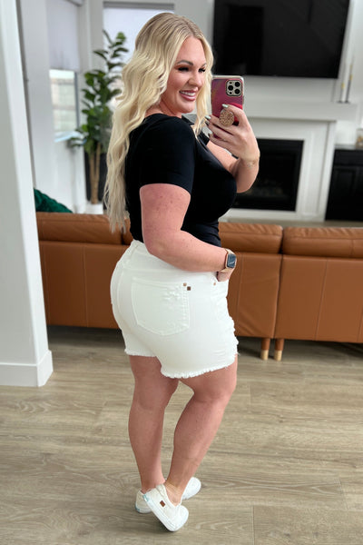 Jessie High Rise Rigid Magic Cutoff Shorts in White - Ruby Rebellion