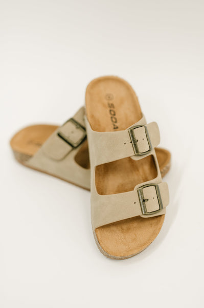 Jete Nubuck Double Buckle Slides in Light Taupe - Ruby Rebellion