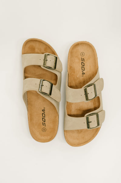 Jete Nubuck Double Buckle Slides in Light Taupe - Ruby Rebellion