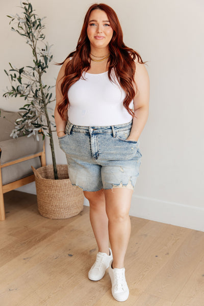 Cindy High Rise Mineral Wash Distressed Boyfriend Shorts by Judy Blue