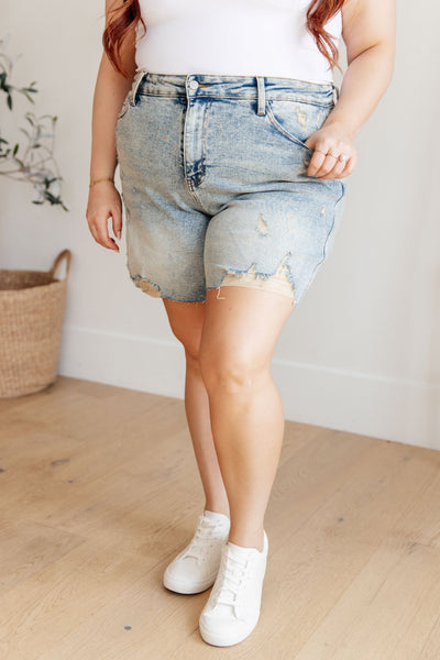 Cindy High Rise Mineral Wash Distressed Boyfriend Shorts - Ruby Rebellion