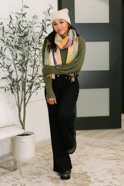Keep Me Cozy Checkered Fringe Scarf in Pine and Petals - Ruby Rebellion