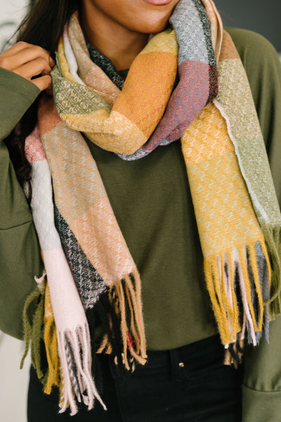 Keep Me Cozy Checkered Fringe Scarf in Pine and Petals - Ruby Rebellion