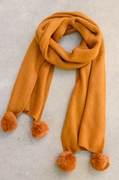 Knitted Fuzzy Pom Pom Scarf In Ginger - Ruby Rebellion