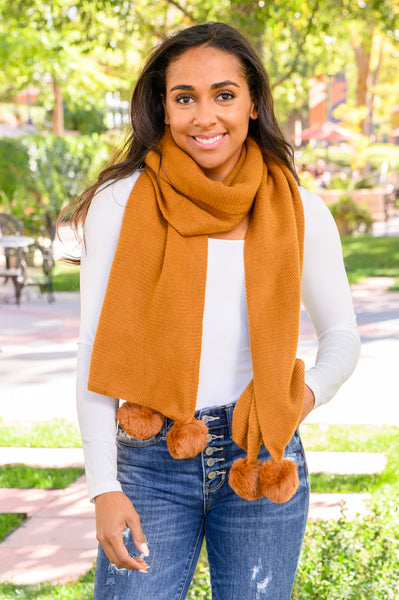 Knitted Fuzzy Pom Pom Scarf In Ginger - Ruby Rebellion