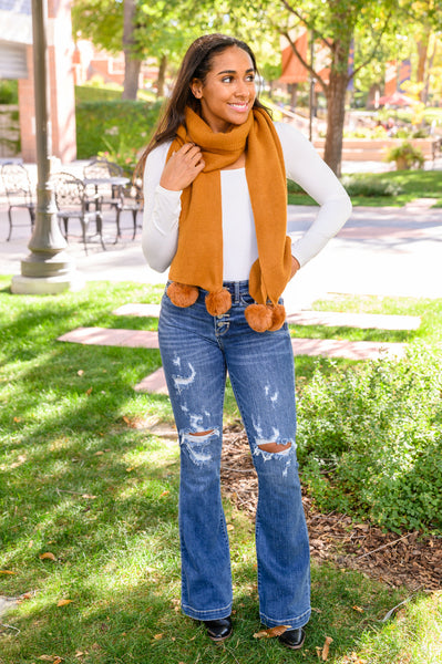 Knitted Fuzzy Pom Pom Scarf In Ginger - Ruby Rebellion