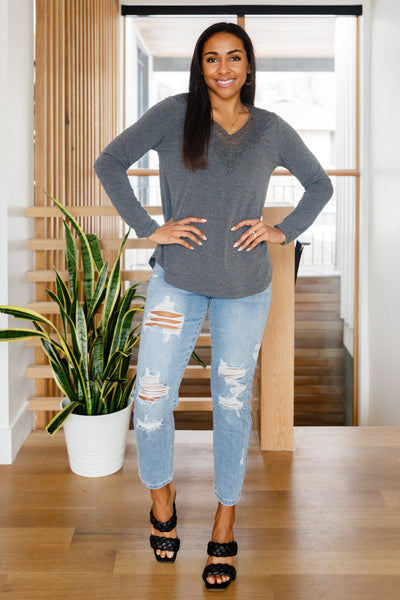 Lacey Long Sleeve V Neck In Gray - Ruby Rebellion