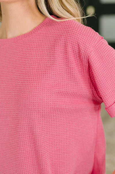 Leave It to Me Waffle Knit Relaxed Tee in  Pink