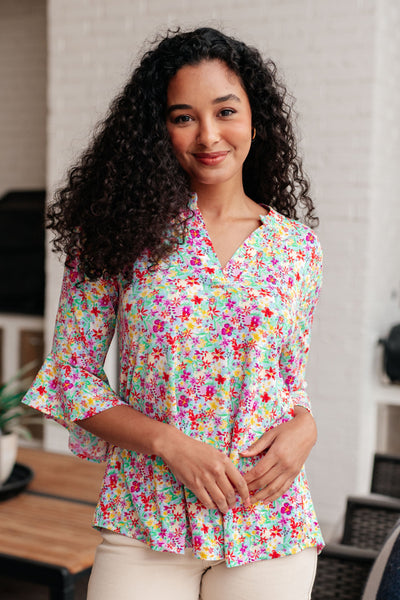 Lizzy Bell Sleeve Top in Lavender Multi Floral - Ruby Rebellion