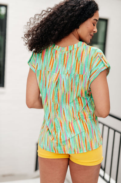 Lizzy Cap Sleeve Top in Lime and Emerald Multi Stripe - Ruby Rebellion