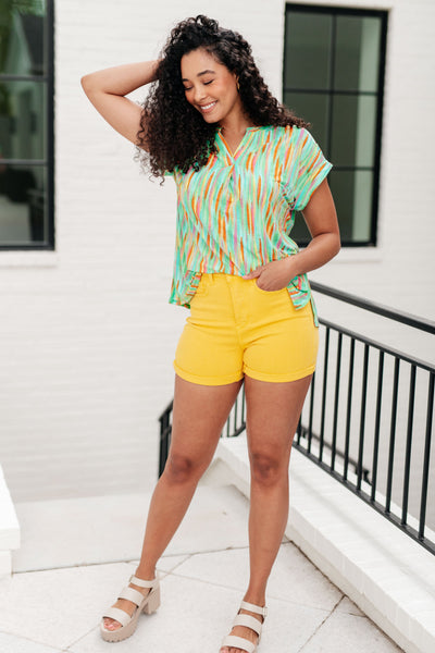 Lizzy Cap Sleeve Top in Lime and Emerald Multi Stripe - Ruby Rebellion
