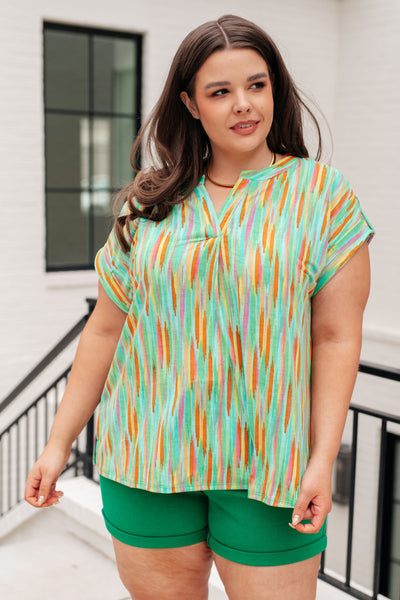 Lizzy Cap Sleeve Top in Lime and Emerald Multi Stripe - Ruby Rebellion