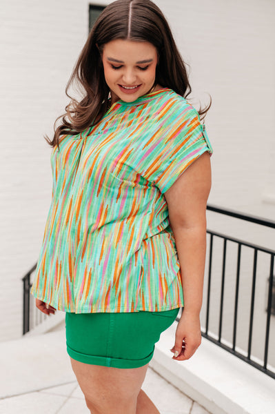 Lizzy Cap Sleeve Top in Lime and Emerald Multi Stripe - Ruby Rebellion