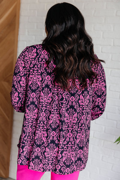 Lizzy Top in Hot Pink and Navy Damask - Ruby Rebellion