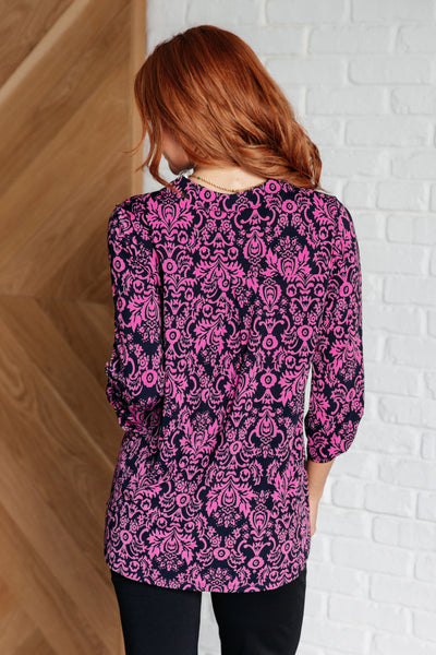 Lizzy Top in Hot Pink and Navy Damask - Ruby Rebellion