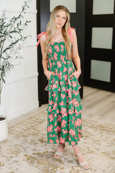 Low Effort, High Impact Tiered Dress in Green/Coral