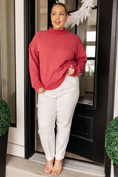 Make No Mistake Mock Neck Pullover in Cranberry - Ruby Rebellion