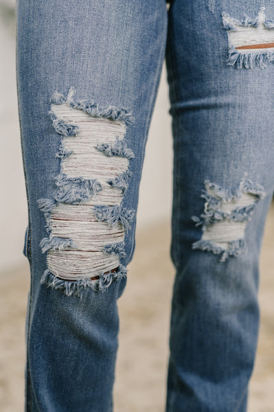 Maureen High Rise Distressed Bootcut Jeans - Ruby Rebellion