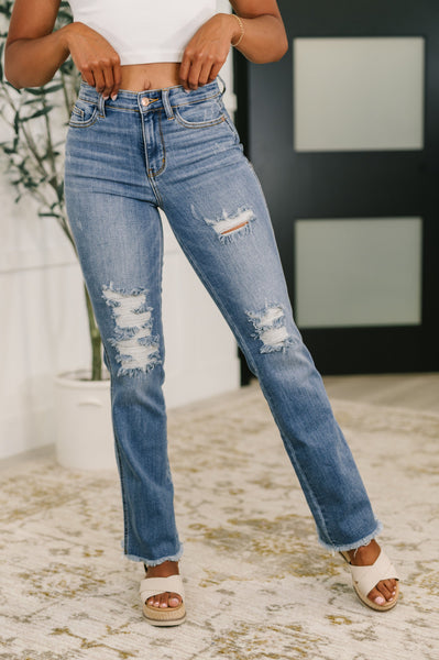 Maureen High Rise Distressed Bootcut Jeans - Ruby Rebellion