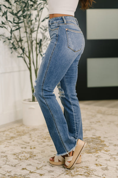 Maureen High Rise Distressed Bootcut Jeans - Ruby Rebellion