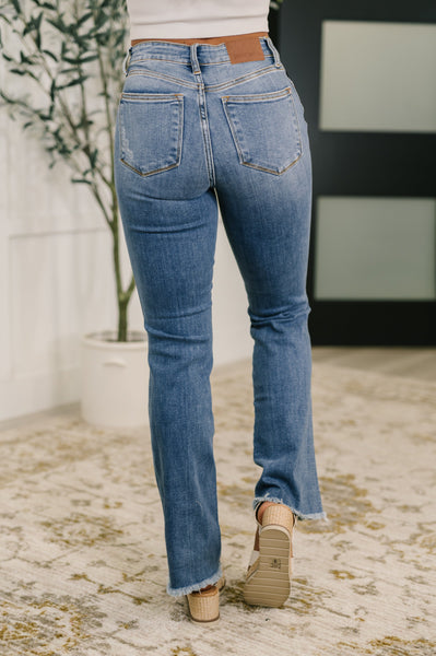 Maureen High Rise Distressed Bootcut Jeans - Ruby Rebellion