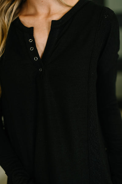 Never Been So Sure Lace Accent Henley Top in Black - Ruby Rebellion