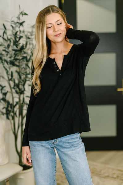 Never Been So Sure Lace Accent Henley Top in Black - Ruby Rebellion